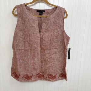 Saint Tropez West Tan & Brown Embroidered Trim Sleeveless Linen Top XL NEW